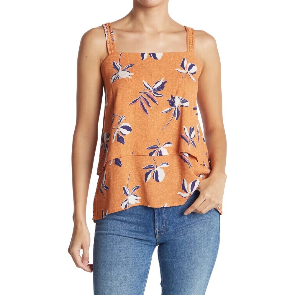 Bobeau Double Layer Tank Top In Rust Floral Size XS